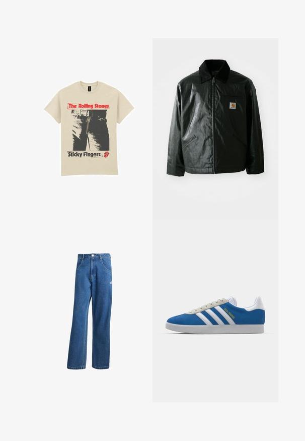 Svart zip-up jakke laget av jevnt, blankt materiale. Har en kordfløyelskrage, to frontlommer og en liten logo-lapp på brystet.; Beige bomull t-skjorte med grafisk design av jeans og en glidelås. Teksten sier "The Rolling Stones" i rødt og "Sticky Fingers" i svart.; Blå høyhalsede vide denimjeans med frontlommer, belteholdere, knappelukking og liten Adidas-logo på høyre lår.; adidas Originals ADIDAS GAZELLE SHOES - Innendørsfotballsko - real madrid/bluebird/footwear white/crew yellow