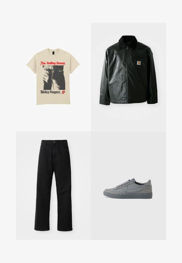 Svart zip-up jakke laget av jevnt, blankt materiale. Har en kordfløyelskrage, to frontlommer og en liten logo-lapp på brystet.; Beige bomull t-skjorte med grafisk design av jeans og en glidelås. Teksten sier "The Rolling Stones" i rødt og "Sticky Fingers" i svart.; Svart denimbukser med rett snitt, med frontlommer, glidelåsgylf og en enkelt knapp i toppen. Teksturert stoff med matt overflate.; Grå mokkasins sneakers med en glatt skinn-overdel, med en teksturert gummi såle og klassisk snøring. Signatur swoosh-logo på siden.