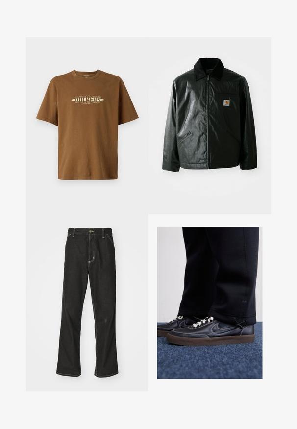 Črna jakna na zadrgo, izdelana iz gladkega, sijočega materiala. Ima žametni ovratnik, dva sprednja žepa in majhno oznako logotipa na prsih.; Rjava bombažna majica s kratkimi rokavi, z osnovno barvo kremne "DOCKERS" logotip v odločenem fontu, ki je postavljen na sredini prsnega dela.; Črne jeans hlače ohlapenega kroja, ki imajo kontrastno belo šivanje, zapiranje na gumb in ravno nogavico.; Nike Sportswear KILLSHOT 2 LTR PRM OPP2 - Športni copati - black sail baroque brown mtlc dk grey