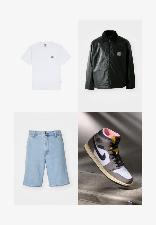 Černá zipová bunda vyrobená z hladkého, lesklého materiálu. Má jemný manžetový límec, dvě přední kapsy a malou značkovou nášivku na hrudi.; Bílá bavlněná tričko s krátkým rukávem, s malým černým logem na hrudi a štítkem v levém dolním rohu.; Světle modré denimové šortky s volným střihem, s zipovým zapínáním, knoflíkovým uzávěrem a čtyřmi kapsami. Tkanina má hladký povrch.; Bílé, šedé a černé vysoké tenisky Nike Air Jordan s růžovým interiérem a žlutým jazykem, umístěné na betonovém povrchu.