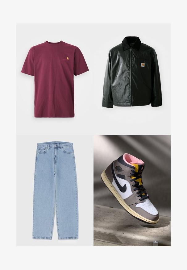 Schwarze Zip-Jacke aus glattem, glänzendem Material. Verfügt über einen Cordkragen, zwei Fronttaschen und ein kleines Logo-Patch auf der Brust.; Burgunderfarbene Baumwoll-T-Shirt mit kurzen Ärmeln und rundem Ausschnitt. Besitzt ein goldfarbenes gesticktes Logo auf der Brust. Schlichte Gestaltung.; Hellblaue Jeans aus Denim mit geradem Bein, ausgestattet mit einer mittelhohen Taille, fünf Taschen sowie einem Knopf- und Reißverschluss.; Hohe Nike Air Jordan Sneaker in Weiß, Grau und Schwarz mit pinkem Innenfutter und gelber Zunge, auf einer Betontfläche platziert.