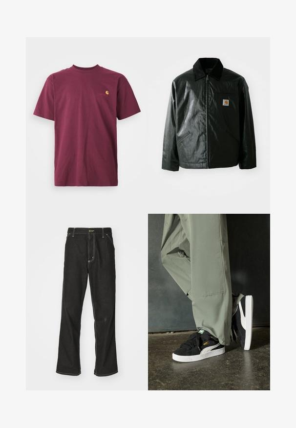 Sort lynlåsejakke lavet af glat, blankt materiale. Har en kordfløjlsfarvet krave, to forlommer og et lille logo-patch på brystet.; Burgunderfarvet bomulds t-shirt med korte ærmer og rund neck. Har et guld broderet logo på brystet. Enkelt design.; Sorte denimjeans med løs pasform, der har kontrasterende hvid syning, en knaplukning og et lige ben-design.; Sorte ruskinds sneakers med hvide gummisåler og sidestreger, parret med lysegrønne cargo bukser, stående på en struktureret mørk overflade.