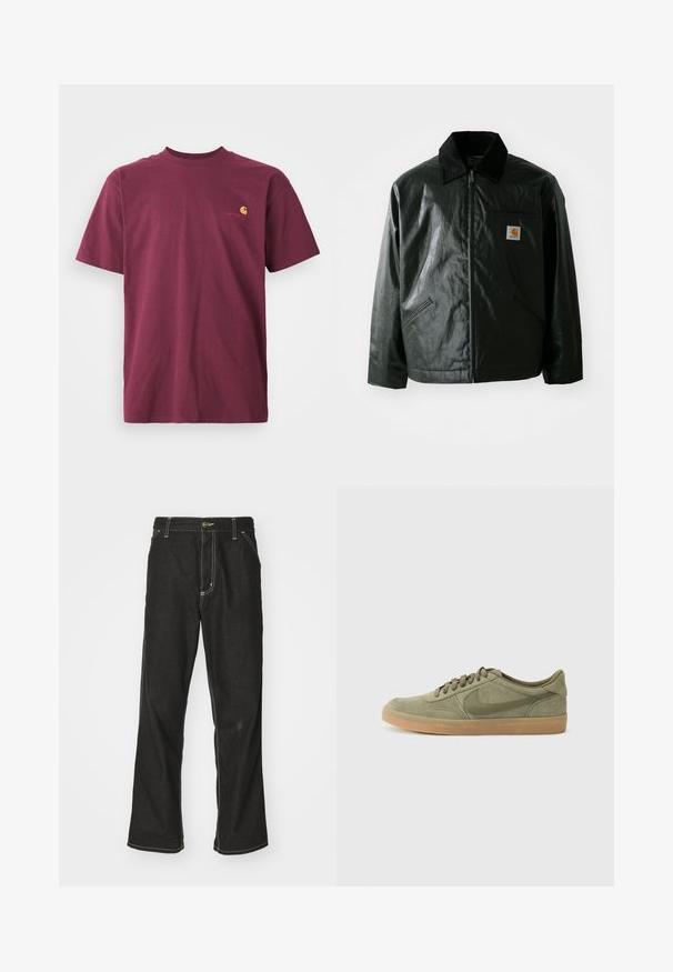 Black zip-up jacket made of smooth, shiny material. Features a corduroy collar, two front pockets, and a small logo patch on the chest.; Burgundy cotton t-shirt with short sleeves and a rounded neckline. Features a gold embroidered logo on the chest. Plain design.; Black denim jeans with a loose fit, featuring contrasting white stitching, a button closure, and a straight leg design.; Green suede sneaker with a gum rubber sole, round toe, and lace-up design. Features Nike's signature logo in a darker green.