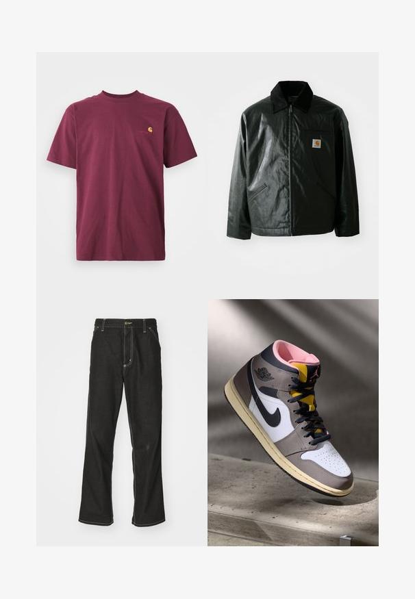 Zwarte ritssluiting jas van glad, glanzend materiaal. Heeft een corduroy kraag, twee voorzakken en een klein logo label op de borst.; Bordeaux katoenen t-shirt met korte mouwen en een ronde halslijn. Bevat een gouden geborduurd logo op de borst. Eenvoudig ontwerp.; Zwarte denim jeans met een losse pasvorm, voorzien van contrasterende witte stiksels, een knoopsluiting en een recht ontwerp.; Hoog-top Nike Air Jordan sneaker in wit, grijs en zwart met een roze interieur en gele tong, geplaatst op een betonnen oppervlak.