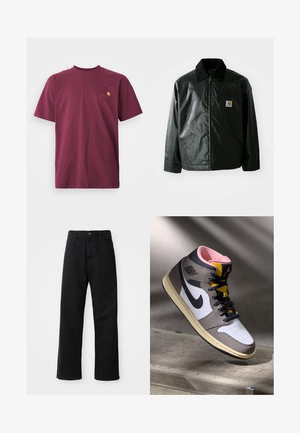 Black zip-up jacket made of smooth, shiny material. Features a corduroy collar, two front pockets, and a small logo patch on the chest.; Burgundy cotton t-shirt with short sleeves and a rounded neckline. Features a gold embroidered logo on the chest. Plain design.; Black denim pants with a straight cut, featuring front pockets, a zip fly, and a single top button. Textured fabric with a matte finish.; High-top Nike Air Jordan sneaker in white, grey, and black with pink interior and yellow tongue, positioned on a concrete surface.