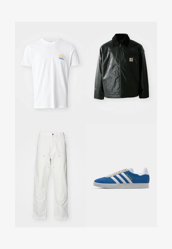 Črna jakna na zadrgo, izdelana iz gladkega, sijočega materiala. Ima žametni ovratnik, dva sprednja žepa in majhno oznako logotipa na prsih.; Bela bombažna majica s okroglim izrezom in kratkimi rokavi. Ima barvno grafiko z rumenimi in modrimi elementi na prsih.; Bela bombažna cargo hlače z udobnim krojem. Značilnosti vključujejo sprednje žepe, zlato poudarjeno kovinsko opremo in ojačane kolenske dele.; adidas Originals ADIDAS GAZELLE SHOES - Dvoranske nogometne kopačke - real madrid/bluebird/footwear white/crew yellow