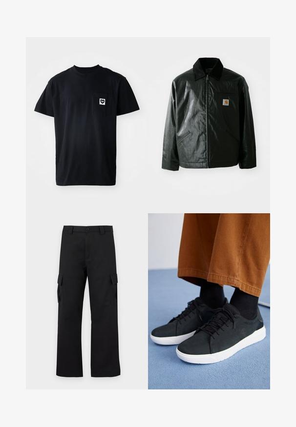 Čierna bundu na zips vyrobenú z hladkého, lesklého materiálu. Obsahuje kordový golier, dve predné vrecká a malú nášivku s logom na hrudi.; Čierne bavlnené tričko s okrúhlym výstrihom, krátkymi rukávmi a vreckom na ľavej strane hrudi, ktoré zdobí srdcovité logo v bielej farbe.; Čierne cargo nohavice so strihom rovného nohu. Vyrobené z odolnej látky, s dvoma bočnými vreckami so klopami a zapínaním na gombík.; Čierne zamatové tenisky s bielymi gumovými podrážkami, so šnurovacím dizajnom, textúrovanými akcentami a decentným brandingom, skombinované s hnedými nohavicami.