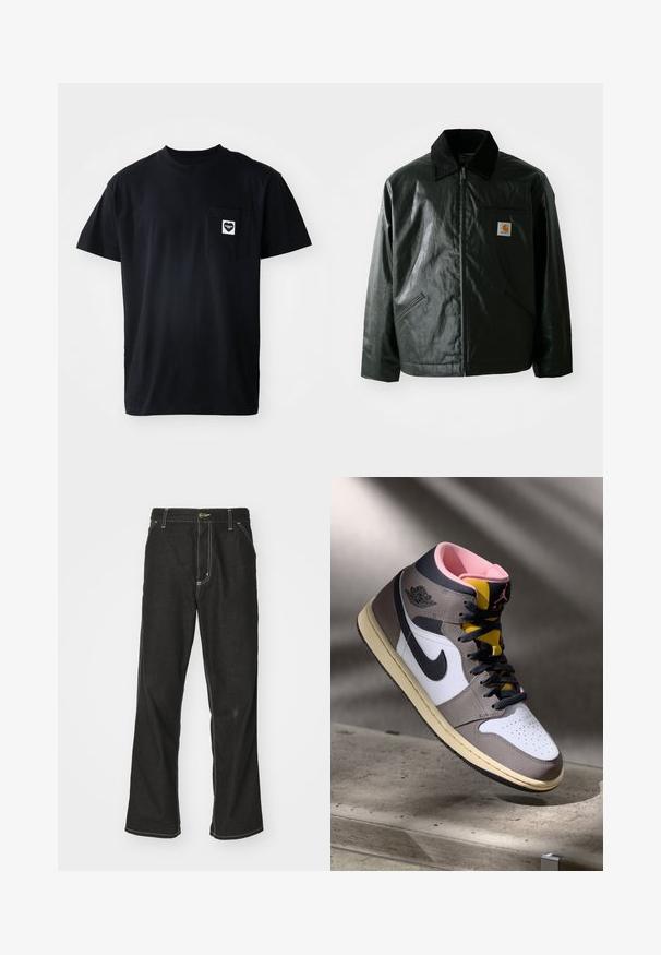 Svart zip-up jacka gjord av slätt, glänsande material. Har en manchesterkrage, två framfickor och en liten logotyp på bröstet.; Svart bomullströja med rund halsringning, korta ärmar och en vänster bröstficka med en hjärtformad logotyp i vitt.; Svarta denimjeans med en lös passform, med kontrasterande vita sömmar, knäppning och raka ben.; Höga Nike Air Jordan-sneakers i vitt, grått och svart med rosa inredning och gul tunga, placerade på en betongyta.