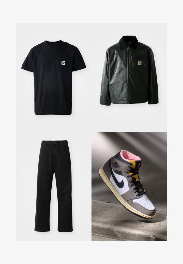 Svart zip-up jakke laget av jevnt, blankt materiale. Har en kordfløyelskrage, to frontlommer og en liten logo-lapp på brystet.; Svart bomull T-skjorte med rund hals, korte ermer og en venstre brystlomme med et hjerteformet logo i hvitt.; Svart denimbukser med rett snitt, med frontlommer, glidelåsgylf og en enkelt knapp i toppen. Teksturert stoff med matt overflate.; Høy topp Nike Air Jordan-sneaker i hvit, grå og svart med rosa indre og gul tunge, plassert på en betongoverflate.