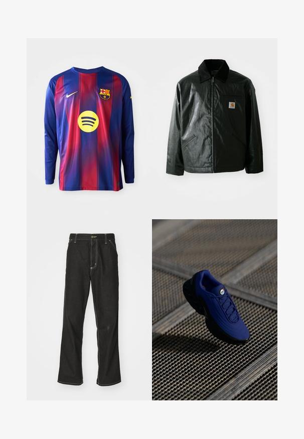 Černá zipová bunda vyrobená z hladkého, lesklého materiálu. Má jemný manžetový límec, dvě přední kapsy a malou značkovou nášivku na hrudi.; Fotbalový dres s dlouhým rukávem s modro-červenými svislými pruhy, logo Nike, znak Barcelony a kruhové logo Spotify uprostřed.; Černé denimové džíny s volným střihem, s kontrastním bílým prošíváním, zapínáním na knoflík a rovnými nohavicemi.; Modrá sportovní bota s texturovaným svrškem, černou podrážkou a tkaničkami. Obsahuje branding "air" na jazyku a viditelné prvky vzduchového odpružení.