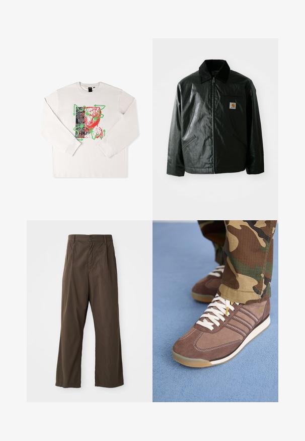 Jachetă neagră cu fermoar, confecționată dintr-un material neted și lucios. Prezintă un guler din catifea, două buzunare frontale și un mic logo brodat pe piept.; T-shirt alb cu mânecă lungă, decorat cu un imprimeu grafic cu accente roșii și verzi, design abstract și fundal negru cu model.; Pantaloni largi, bej, din bumbac, cu închidere frontală cu nasture, bucle pentru curea și o textură netedă, mată.; Adidași din suede maro cu șireturi albe și accente deschise, având trei dungi pe laterale și o talpă din cauciuc texturat.