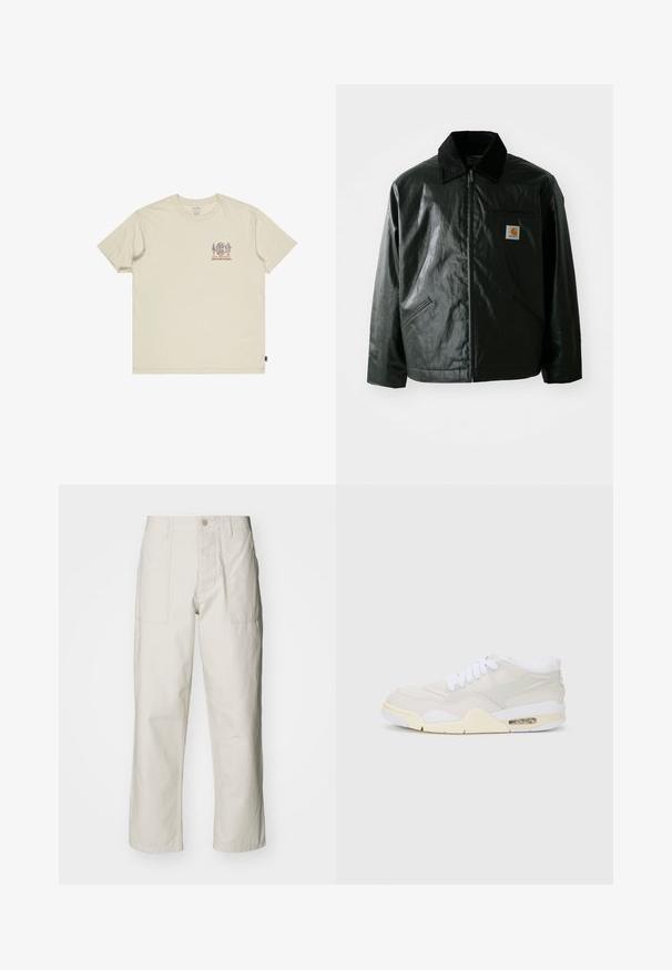 Must mustaga, läikiva materjaliga musta värvi jakk. Omab kordonilõikega kraed, kahte esikäe taskut ja väikest logo sildi rinnal.; Beige puuvillane T-särk, millel on rindkeres väike, mitmevärviline graafika. Ümar kaelus ja lühikesed varrukad. Lõdvestunud lõige külgmise sildiga.; Heledbeez värvi laiad püksid, mis on valmistatud puuvillast. Omavad esi-taskuid ja nupuga sulgemist. Sile tekstuur, millel on õrnad vertikaalsed jooned.; Kergedega heledast beežist sünteetilisest ülemisest osast, valgetest paeladest ja nähtavast pehmendusest. Omab sujuvat tallalist ja peeneid külgaktsente.