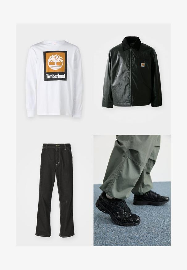 Černá zipová bunda vyrobená z hladkého, lesklého materiálu. Má jemný manžetový límec, dvě přední kapsy a malou značkovou nášivku na hrudi.; Timberland COLORED LONG SLEEVE TEE - Top s dlouhým rukávem - white; Černé denimové džíny s volným střihem, s kontrastním bílým prošíváním, zapínáním na knoflík a rovnými nohavicemi.; Černé sportovní tenisky s lesklou a síťovou texturou, s silnou podrážkou a tkaničkami, spárované s volnými olivově zelenými cargo kalhotami.