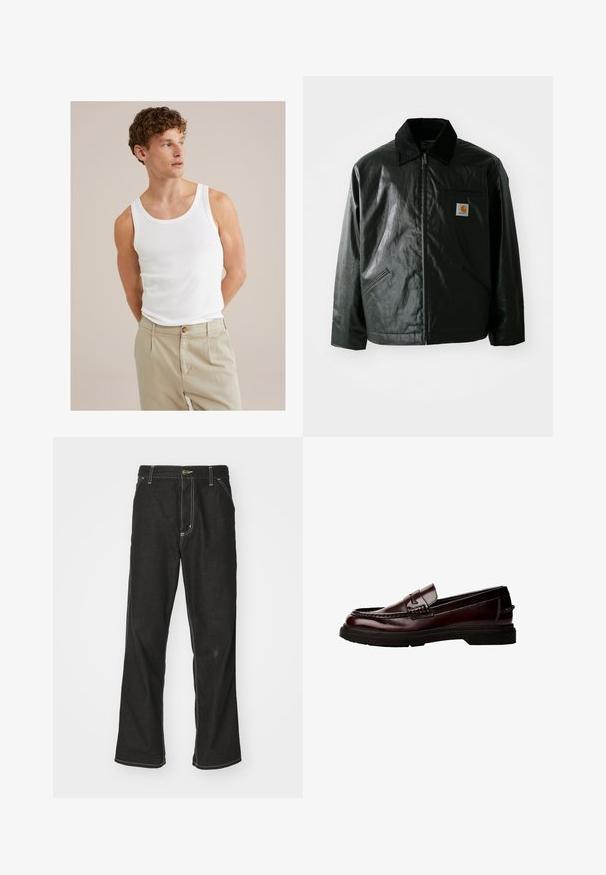 Čierna bundu na zips vyrobenú z hladkého, lesklého materiálu. Obsahuje kordový golier, dve predné vrecká a malú nášivku s logom na hrudi.; Biely bavlnený top bez rukávov s okrúhlym výstrihom a širokými ramienkami, spárovaný s svetlolososťovými nohavicami s gombíkom a záhybmi.; Čierne denimové nohavice s voľným strihom, s kontrastným bielym prešívaním, uzáverom na gombík a rovnými nohavicami.; Hnedé kožené poltopánky s okrúhlou špičkou, detailným prešívaním a gumovou podrážkou. Obsahuje dekoratívny pásik, hladký povrch.