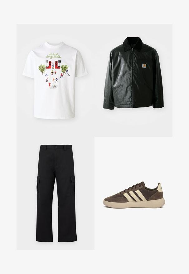 Zwarte ritssluiting jas van glad, glanzend materiaal. Heeft een corduroy kraag, twee voorzakken en een klein logo label op de borst.; Witte katoen t-shirt met kleurrijke grafiek van mensen, bomen en een podium, met de tekst "de nieuwe Originals" in groen boven het ontwerp.; Zwarte cargobroek met een recht gesneden ontwerp. Gemaakt van duurzaam materiaal, met twee zijzakken met klep en een knoopsluiting.; Bruine suède sneaker met drie witte strepen, afgeronde neus, dikke rubberen zool en minimale branding op de hiel.