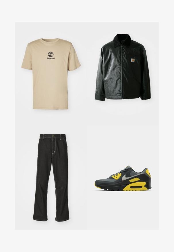Juodas užtrauktuku užsegamas švarkas, pagamintas iš glotnaus, blizgaus medžiagos. Savybė - keteros apykaklė, dvi priekinės kišenės ir mažas logotipo ženklelis ant krūtinės.; Kreminės spalvos medvilnės marškinėliai su trumpomis rankovėmis ir apvaliu kaklu, ant krūtinės esantis juodas Timberland logotipas. Minkšta tekstūra, kasdienis dizainas.; Juodi džinsai su laisvu siluetu, turintys kontrastingas balto siūlo siūles, mygtuko uždarymą ir tiesų kojos dizainą.; Pilkai geltonos Nike Air Max 90 sportbačiai, eksponuojami ant baltos fono, demonstruojantys jų dizainą ir spalvų kontrastus.