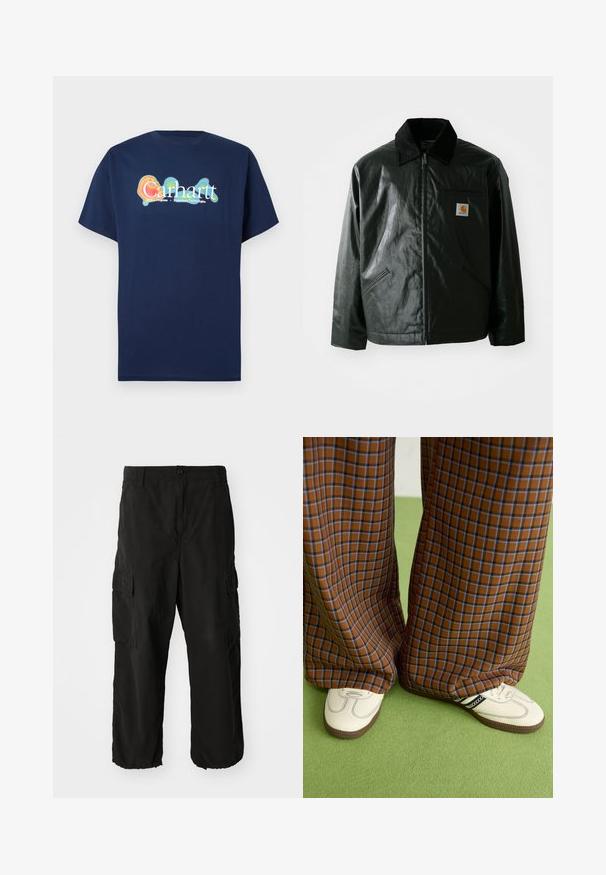 Svart zip-up jakke laget av jevnt, blankt materiale. Har en kordfløyelskrage, to frontlommer og en liten logo-lapp på brystet.; Mørkeblå kortermet T-skjorte laget av bomull. Har et flerfarget grafisk logo "Carhartt" med lysende effekt i midten.; Svarte cargo-bukser laget av et mykt stoff, med løs passform, side lommer og knappe-lukking. Bunnkanten er mansjettet.; Brune og blå rutete vide bukser sammen med hvite sko med svarte detaljer og teksturerte såler, satt mot en grønn bakgrunn.