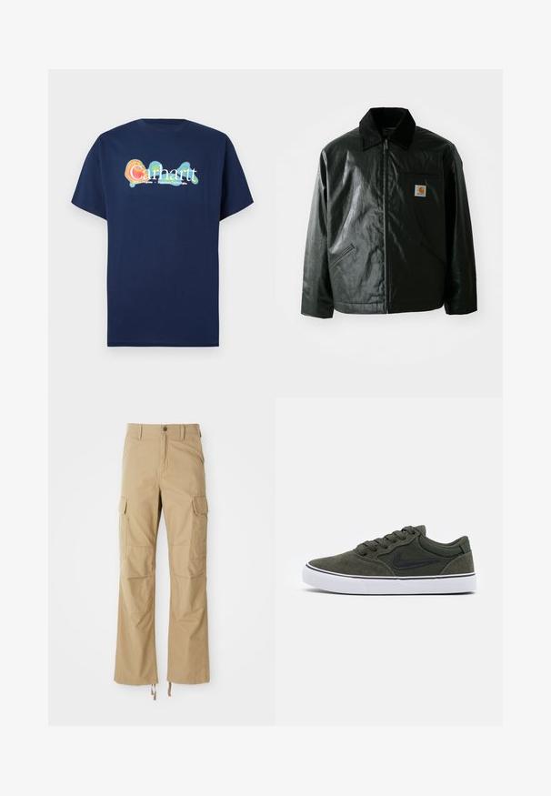 Black zip-up jacket made of smooth, shiny material. Features a corduroy collar, two front pockets, and a small logo patch on the chest.; Navy blue short-sleeve T-shirt made of cotton. Features a multicolored graphic logo “Carhartt” with a glow effect in the center.; Khaki cargo pants made of durable fabric, featuring multiple side pockets, a straight leg design, and adjustable drawstrings at the hem.; Green suede sneaker with black accents and white rubber sole; features laces, padded collar, and a side logo. Smooth texture, low-top design.