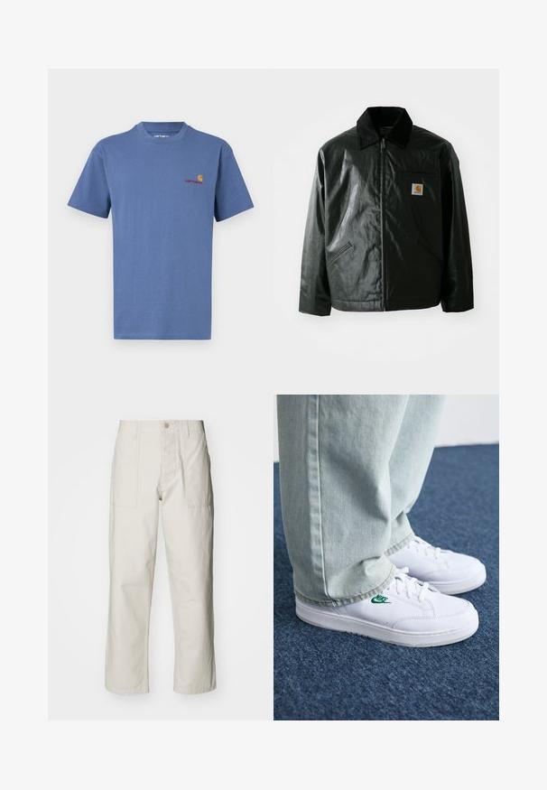Zwarte ritssluiting jas van glad, glanzend materiaal. Heeft een corduroy kraag, twee voorzakken en een klein logo label op de borst.; Blauwe katoenen T-shirt met een ronde hals. Heeft een klein rood en geel Carhartt-logo op de linkerborst. Korte mouwen, rechte zoom.; Lichtbeige wijde broek van katoen. Voorzien van steekzakken en een knoopsluiting. Glad textuur met subtiele verticale lijnen.; Witte leren sneakers met groen Nike-logo, ronde neus, platte zool, gedragen met lichtblauwe denim broek, weergegeven op een blauwe vloerkleed.