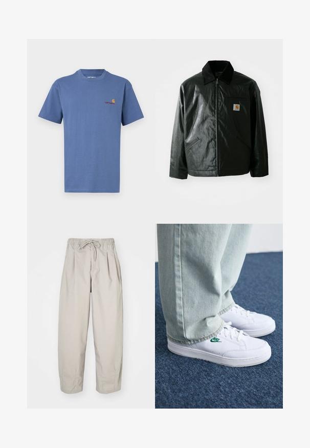Svart zip-up jacka gjord av slätt, glänsande material. Har en manchesterkrage, två framfickor och en liten logotyp på bröstet.; Blå bomullströja med rundad halsringning. Har en liten röd och gul Carhartt-logga på vänster bröst. Korta ärmar, rak nederkant.; Beiga, lätta byxor med elastisk midja och dragsko. Funktioner veck och en lös passform, tillverkade av ett mjukt, slätt material.; Vita lädersneakers med grön Nike-logga, rund tå, platt sula, kombinerade med ljusblå denimbyxor, visade på en blå matta.