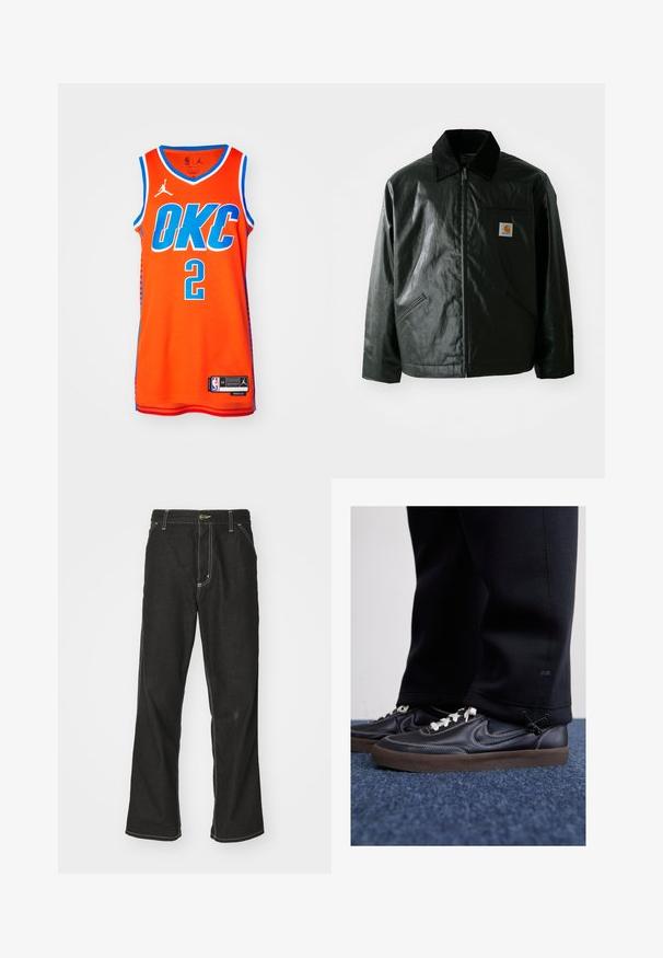 Černá zipová bunda vyrobená z hladkého, lesklého materiálu. Má jemný manžetový límec, dvě přední kapsy a malou značkovou nášivku na hrudi.; Oranžový basketbalový dres s nápisem "OKC" v modrém písmu, s číslem "2". Síťová textura s modrými detaily a logem Jordan na rameni.; Černé denimové džíny s volným střihem, s kontrastním bílým prošíváním, zapínáním na knoflík a rovnými nohavicemi.; Nike Sportswear KILLSHOT 2 LTR PRM OPP2 - Tenisky - black sail baroque brown mtlc dk grey
