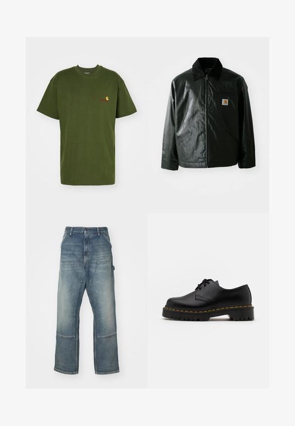 Melnā zip-up jaka, izgatavota no gludas, spīdīgas materiāla. Ir korduroja apkakle, divas priekšējās kabatas un neliela logo placdarma uz krūtīm.; Carhartt WIP AMERICAN SCRIPT - Pamata T-krekls - tarragon; Gai zili džinsi ar brīvu piegriezumu, izgatavoti no denima. Iezīmējas ar platām kājām, lieliem priekšējiem kabatām un kontrastējošiem šuvēm.; Melnas ādas kurpes ar saistēm, noapaļota purngalu, ar teksturētu gumijas zoli un dzeltenu šuvju ap malu. Plakana forma un gluda apdare.