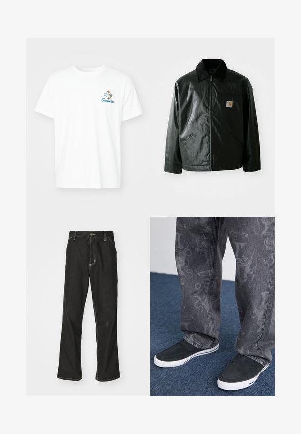 Jachetă neagră cu fermoar, confecționată dintr-un material neted și lucios. Prezintă un guler din catifea, două buzunare frontale și un mic logo brodat pe piept.; Tricou alb din bumbac cu mâneci scurte și guler rotund, având un logo brodat al brandului "Converse" în culoarea albastră și un design cu o sneaker și o stea.; Jeans negri din denim, cu o croială largă, cu cusături albe contrastante, închidere cu nasture și un design cu picior drept.; Pantofi slip-on negri cu talpă albă, texturați, asociați cu blugi gri ce prezintă un model subtil, pe un fundal de covor albastru.