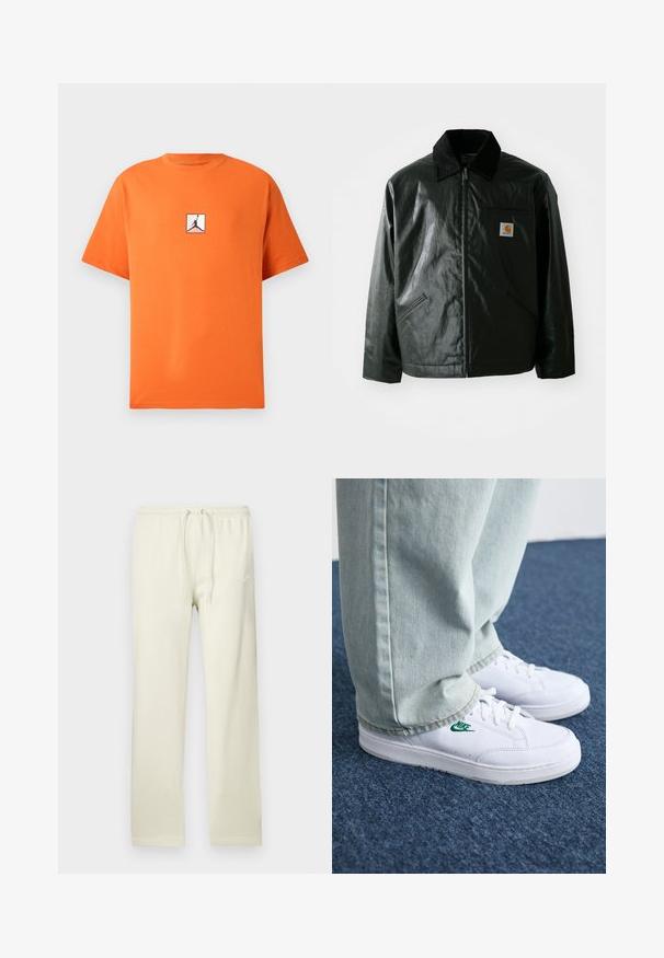 Must mustaga, läikiva materjaliga musta värvi jakk. Omab kordonilõikega kraed, kahte esikäe taskut ja väikest logo sildi rinnal.; Oranž puuvillane T-särk, millel on ümmargune kaelus ja lühikesed varrukad. Rinnal on must Jordan'i logo valges ruudus. Klassikaline istuvus.; Heledad ja kerged beežid dressipüksid seotava paelaga vöökohal, valmistatud pehmest materjalist. Vasakul reiel on valge jahe Nike logo.; Valged nahast tennisetossud rohelise Nike logo ja ümarate varvastega, lamedate taldadega, koos helesiniste teksapükstega, esitatud sinisel vaibal.