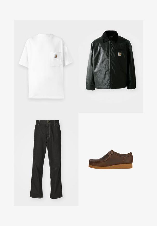 Giacca nera con zip realizzata in materiale liscio e lucido. Presenta un colletto in corduroy, due tasche frontali e una piccola patch con logo sul petto.; T-shirt bianca in cotone con collo rotondo, maniche corte e taschino sul petto con una patch del logo. Design minimalista e texture senza cuciture.; Jeans in denim nero con una vestibilità ampia, caratterizzati da cuciture bianche a contrasto, chiusura a bottone e un design a gamba dritta.; Scarpa in pelle marrone con punta arrotondata e dettagli cuciti, dotata di un laccio marrone e una suola in gomma beige testurizzata.