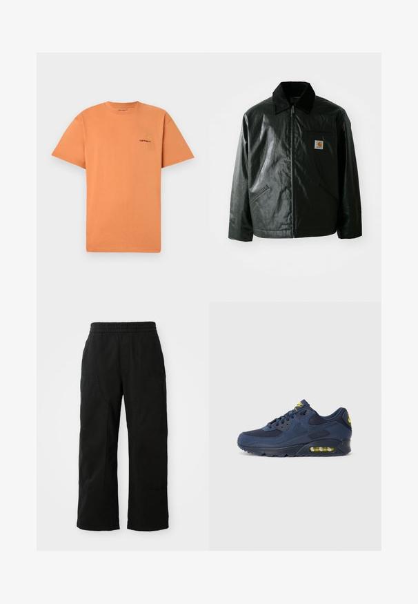 Must mustaga, läikiva materjaliga musta värvi jakk. Omab kordonilõikega kraed, kahte esikäe taskut ja väikest logo sildi rinnal.; Kollane puuvillane T-särk, millel on ümar kaelus ja lühikesed varrukad. Rinnal on väike punane ja kollane broderi Carhartt logo.; Mustad puuvillased püksid, millel on elastne vöökoht, laiad sääred ja suured küljetaskud. Kanga välimus on pehme ja sile.; Tumed sinine Nike Air Max tossud, mille ülemine osa on valmistatud sametist ja võrkmaterjalist, kollaste aktsentidega, nööriga kinnitatav ja nähtava õhupadjaga tallas.