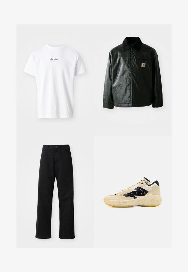 Čierna bundu na zips vyrobenú z hladkého, lesklého materiálu. Obsahuje kordový golier, dve predné vrecká a malú nášivku s logom na hrudi.; Biele bavlnené tričko s krátkymi rukávmi a okrúhlym výstrihom, s nápisom "Service" čiernym kurzívnym písmom na prednej strane.; Čierne denimové nohavice so rovným strihom, vystúpené predné vrecká, zips a jedno horné gombík. Štruktúrovaná tkanina s matným povrchom.; Beževo-čierne tenisky so semišovým zvrškom, s hladkým čiernym bočným panelom so bielymi bodkami a textúrovanou gumovou podrážkou.