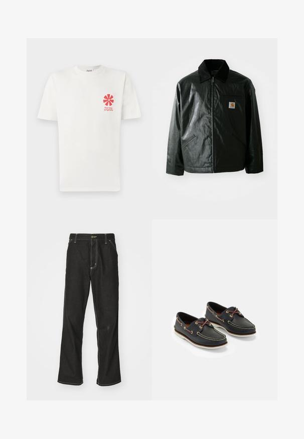 Černá zipová bunda vyrobená z hladkého, lesklého materiálu. Má jemný manžetový límec, dvě přední kapsy a malou značkovou nášivku na hrudi.; Bílý bavlněný tričko s červeným grafickým květinovým vzorem na levé straně hrudníku, pod ním text "nové originály". Krátké rukávy, klasický kulatý výstřih.; Černé denimové džíny s volným střihem, s kontrastním bílým prošíváním, zapínáním na knoflík a rovnými nohavicemi.; Námořnické kožené lodní boty s žlutým prošíváním, červenými tkaničkami a stříbrnými kroužky; kulatá špička; bílá gumová podrážka.