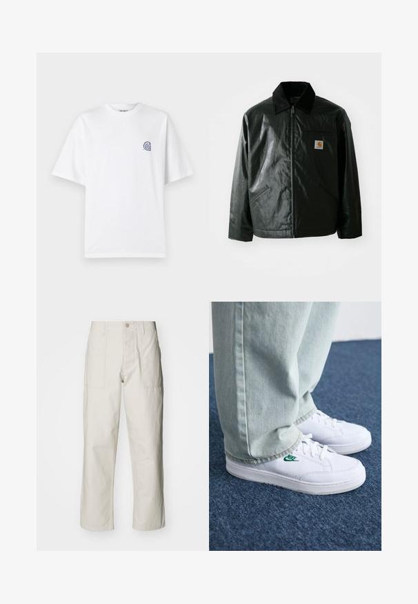 Giacca nera con zip realizzata in materiale liscio e lucido. Presenta un colletto in corduroy, due tasche frontali e una piccola patch con logo sul petto.; T-shirt bianco in cotone con collo rotondo e maniche corte. Presenta un piccolo logo blu sul lato sinistro del petto. Texture liscia.; Pantaloni a gamba larga beige chiaro in cotone. Presentano tasche frontali e chiusura con bottone. Tessuto liscio con sottili linee verticali.; Sneakers in pelle bianca con logo Nike verde, punta rotonda, suola piatta, abbinati a pantaloni in denim azzurro, mostrati su un tappeto blu.