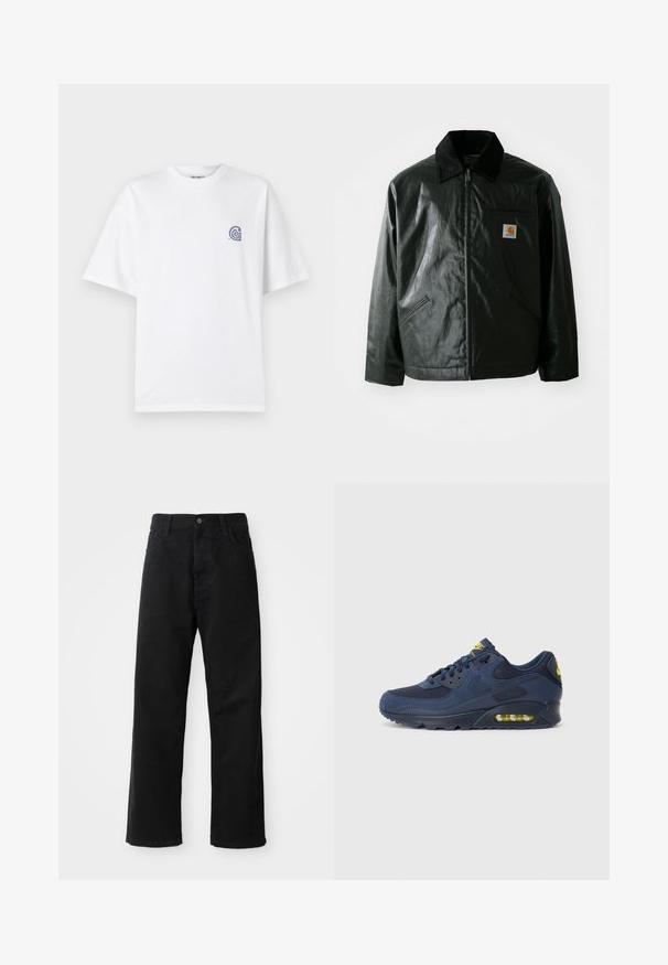 Črna jakna na zadrgo, izdelana iz gladkega, sijočega materiala. Ima žametni ovratnik, dva sprednja žepa in majhno oznako logotipa na prsih.; Bela bombažna majica s krojem okoli vratu in kratkimi rokavi. Na levem prsnem delu ima majhen modri logotip. Gladka tekstura.; Črni kavbojki z ravnim krojem, ki imajo sprednje žepke, zadrgo in en zgornji gumb. Teksturovan material z mat zaključkom.; Temno modri Nike Air Max športni copati z zgornjim delom iz usnja in mrežaste tkanine, z rumenimi poudarki, vezanjem spredaj in vidnim zračnim blaženjem v podplatu.