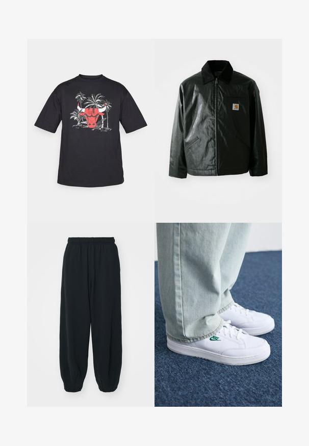 Fekete zipzáros dzseki sima, fényes anyagból. Kordbársony gallérral, két elülső zsebbel és egy kis logós felvarrással a mellkason.; Fekete, rövid ujjú póló, egy piros bika fejével grafikával, fehér pálmafák ábrázolásával körülvéve. Pamut anyag, laza szabású.; Fekete, rugalmas derékpántos melegítőnadrág, laza fit, véget érő szárakkal, sima textúrával, látható minták vagy hardver díszek nélkül.; Fehér bőr sportcipők zöld Nike logóval, kerek orral, lapos talppal, világoskék farmernadrággal párosítva, kék szőnyegen bemutatva.
