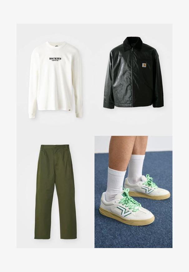 Fekete zipzáros dzseki sima, fényes anyagból. Kordbársony gallérral, két elülső zsebbel és egy kis logós felvarrással a mellkason.; Fehér, hosszú ujjú, bordás pulóver, fekete "DICKIES" logóval és alatta a "SINCE '22" felirattal, kerek nyakkal és passzos ujjal.; Olívazöld, magas derekú nadrág, egyenes lábformával. Könnyű anyagból készült, elöl redőzött és gombos záródással.; Fehér sportcipő zöld fűzőkkel és kiegészítőkkel, lekerekített orral és texturált talppal. Fehér bokazoknival viselve, kék felületen.