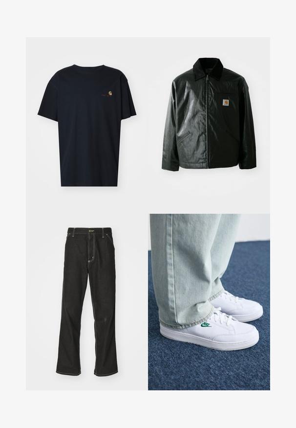 Fekete zipzáros dzseki sima, fényes anyagból. Kordbársony gallérral, két elülső zsebbel és egy kis logós felvarrással a mellkason.; Carhartt WIP AMERICAN SCRIPT - Basic póló - air force blue; Fekete farmernadrág laza szabással, kontrasztos fehér varrással, gombos záródással és egyenes lábmegoldással.; Fehér bőr sportcipők zöld Nike logóval, kerek orral, lapos talppal, világoskék farmernadrággal párosítva, kék szőnyegen bemutatva.