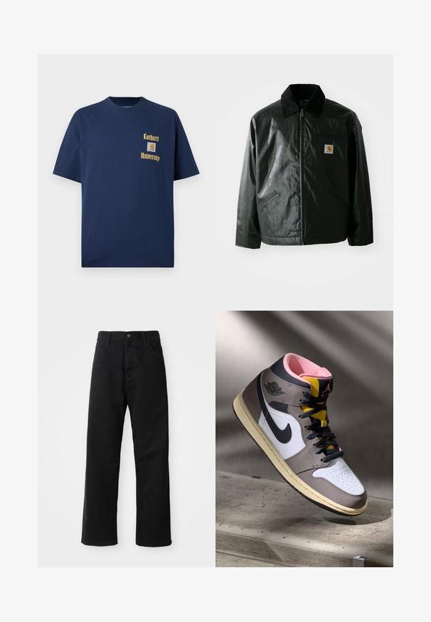 Sort lynlåsejakke lavet af glat, blankt materiale. Har en kordfløjlsfarvet krave, to forlommer og et lille logo-patch på brystet.; Marineblå bomulds T-shirt med korte ærmer, der har guld tekst "Carhartt University" og et logo patch på venstre bryst.; Sorte denimbukser med lige snit, der har frontlommer, lynlås og en enkelt knap i toppen. Struktureret stof med en mat finish.; Høj-top Nike Air Jordan sneaker i hvid, grå og sort med pink indvendigt og gul tunge, placeret på en betonoverflade.