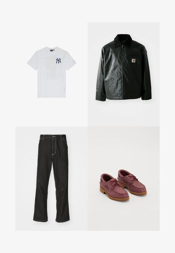 Juodas užtrauktuku užsegamas švarkas, pagamintas iš glotnaus, blizgaus medžiagos. Savybė - keteros apykaklė, dvi priekinės kišenės ir mažas logotipo ženklelis ant krūtinės.; Balta medvilninė marškinėliai su tamsiai mėlynu Niujorko „Yankees“ logotipu ir subtiliu atspausdintu spragėsių kibirėlio dizainu priekyje.; Juodi džinsai su laisvu siluetu, turintys kontrastingas balto siūlo siūles, mygtuko uždarymą ir tiesų kojos dizainą.; Raudonų odinių valtinių batų pora su storais tan gumos padu ir raudonomis šnūrų ant balto fono.