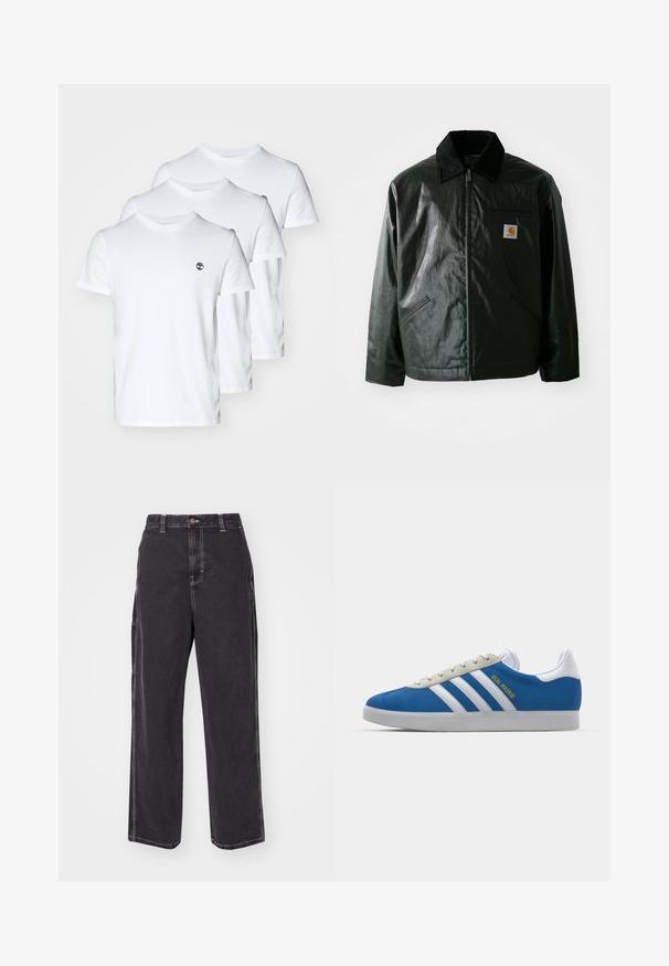 Black zip-up jacket made of smooth, shiny material. Features a corduroy collar, two front pockets, and a small logo patch on the chest.; Three white cotton T-shirts with crew necks, featuring a small logo on the left chest. Smooth texture; regular fit.; Black denim trousers with a relaxed fit, featuring contrasting white stitching and a button closure. Straight leg design, no additional pockets.; adidas Originals ADIDAS GAZELLE SHOES - Indoor football boots - real madrid/bluebird/footwear white/crew yellow