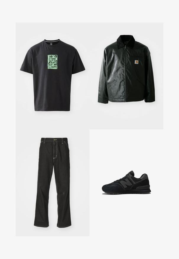 Giacca nera con zip realizzata in materiale liscio e lucido. Presenta un colletto in corduroy, due tasche frontali e una piccola patch con logo sul petto.; Maglietta nera in cotone con una grafica verde che presenta la parola "FIORE." Maniche corte e scollatura rotonda.; Jeans in denim nero con una vestibilità ampia, caratterizzati da cuciture bianche a contrasto, chiusura a bottone e un design a gamba dritta.; Sneaker nera con parte superiore in camoscio e rete, suola spessa e logo 'N' prominente di lato. Design testurizzato con chiusura a lacci.