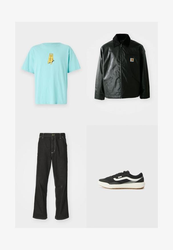 Black zip-up jacket made of smooth, shiny material. Features a corduroy collar, two front pockets, and a small logo patch on the chest.; Light blue cotton t-shirt featuring a yellow "Caution" sign graphic on the front. Relaxed fit with short sleeves and a round neckline.; Black denim jeans with a loose fit, featuring contrasting white stitching, a button closure, and a straight leg design.; Black sneakers with white accents, featuring a smooth synthetic upper, round shape, and rubber sole, paired with light beige trousers.