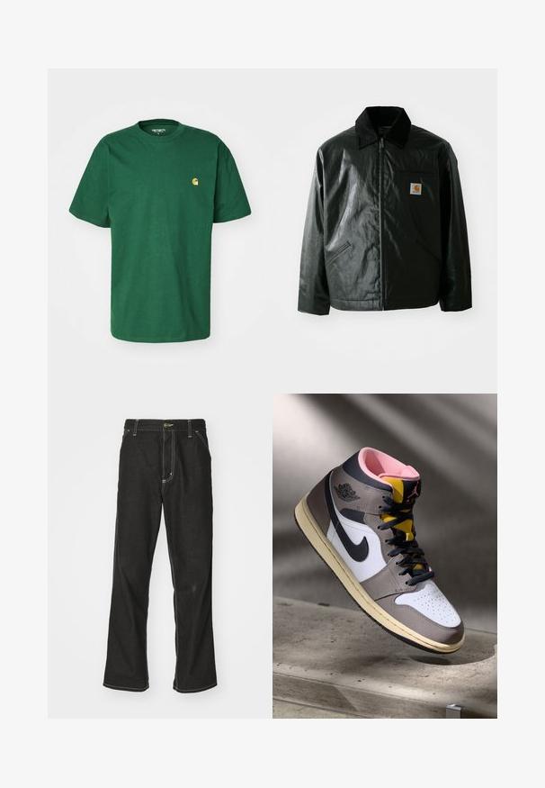 Black zip-up jacket made of smooth, shiny material. Features a corduroy collar, two front pockets, and a small logo patch on the chest.; Carhartt WIP CHASE - Basic T-shirt - sycamore tree/gold; Black denim jeans with a loose fit, featuring contrasting white stitching, a button closure, and a straight leg design.; High-top Nike Air Jordan sneaker in white, grey, and black with pink interior and yellow tongue, positioned on a concrete surface.