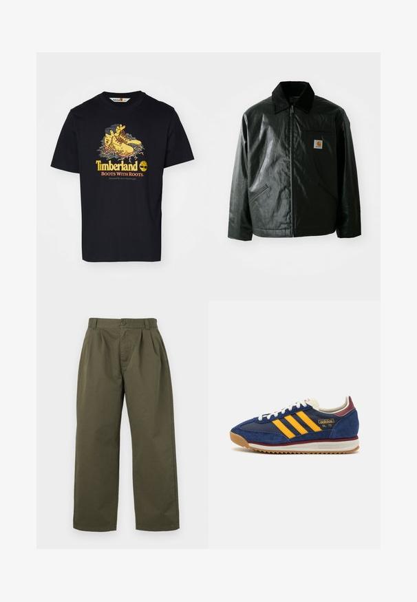 Zwarte ritssluiting jas van glad, glanzend materiaal. Heeft een corduroy kraag, twee voorzakken en een klein logo label op de borst.; Zwarte katoenen t-shirt met een kleurrafische afbeelding van gele laarzen met wortels en de tekst "Timberland Boots With Roots" in het geel.; Olijfgroene katoenen broek met een rechte snit, voorplooien en een knoopsluiting bij de taille. Geen zichtbare zakken.; Marine blauwe suède sneaker met gele strepen, witte veters en bordeauxrode accenten. Textuurzool met groeven voor grip. Merksymbool aan de zijkant.