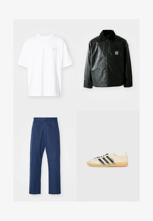 Sort lynlåsejakke lavet af glat, blankt materiale. Har en kordfløjlsfarvet krave, to forlommer og et lille logo-patch på brystet.; Carhartt WIP SIGNATURE SCRIPT - T-shirts basic - white/dusty ice; Marineblå, lige bukser lavet af bomuld. Har en frontknaplukning og en subtil tekstur, med sidelommer og bælteløkker.; Lys cremefarvet sneaker med sort tre-stribe-design, tekstureret overdel, rund tå og gummisål. Har snørebånd og branding på siden.