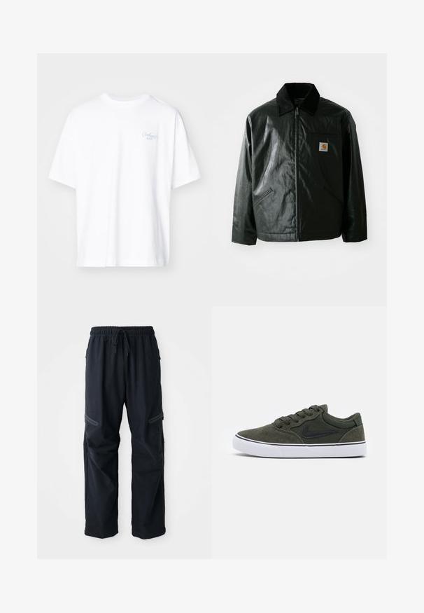 Zwarte ritssluiting jas van glad, glanzend materiaal. Heeft een corduroy kraag, twee voorzakken en een klein logo label op de borst.; Carhartt WIP SIGNATURE SCRIPT - T-shirt basic - white/dusty ice; Zwarte casual broek met elastische tailleband, trekkoord en ritszakken op een witte achtergrond.; Groene suède sneaker met zwarte accenten en een witte rubberen zool; beschikt over veters, een gevoerde kraag en een logo aan de zijkant. Glad oppervlak, low-top ontwerp.