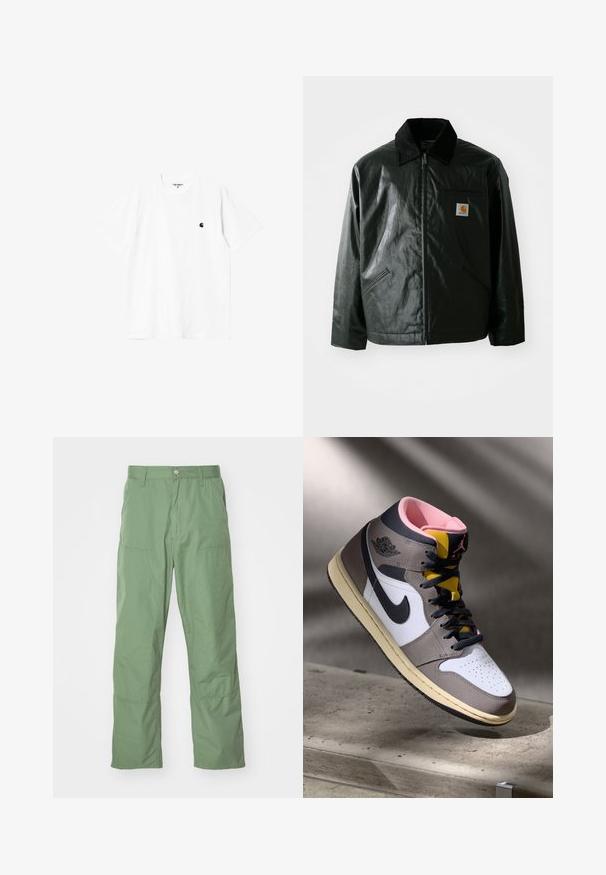 Mustat vetoketjulliset takit, jotka on valmistettu sileästä, kiiltävästä materiaalista. Sisältää kangastakin kauluksen, kaksi etutaskua ja pienen logopatchin rinnassa.; Valkoinen puuvillapaita lyhyillä hihoilla, pyöreällä kauluksella ja pienellä mustalla logolla vasemmassa rinnassa. Pehmeä rakenne ja normaali istuvuus.; Vaaleanvihreät, rentoa istuvuutta omaavat housut, joissa on sileä pinta, sivutaskut ja näkyvät ompeluvedot. Täysimittaiset suoranlahkeiset mallit.; Korkeavartiset Nike Air Jordan -lenkkarit valkoisena, harmaana ja mustana vaaleanpunaisella sisäosalla ja keltaisella kielillä, asetettuna betonipinnalle.