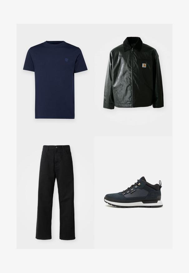 Must mustaga, läikiva materjaliga musta värvi jakk. Omab kordonilõikega kraed, kahte esikäe taskut ja väikest logo sildi rinnal.; Tumesinine puuvillane T-särk, ümar kaelus, lühikesed varrukad ja rindkerel väike broderitud logo. Sile tekstuur, regulaarne lõike.; Mustadest denimist püksid sirge lõikega, mis sisaldavad ees taskuid, lukufliisi ja ühte ülemist nööpi. Tekstureeritud kangas mati viimistlusega.; Tumesinine matkajalanõud, mille pealsed on valmistatud nahast ja tekstilist, valge vaheosas ja mustal tallal, metallist silmadega. Omab tagumist tõmblust, mis lihtsustab jalga panemist.