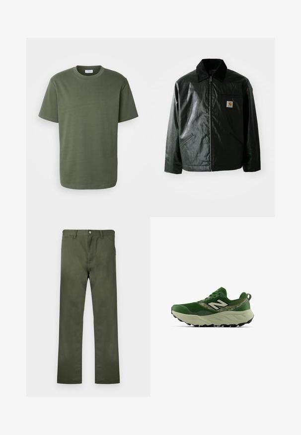 Svart zip-up jakke laget av jevnt, blankt materiale. Har en kordfløyelskrage, to frontlommer og en liten logo-lapp på brystet.; Lindbergh O NECK TEE OVERSIZE - T-shirts - olive; Olivengrønne bukser laget av slitesterkt stoff, med en rett ben-design, frontlommer og knappelukking. Glatt tekstur.; Grønn trening sneakers med tykk beige såle, svart mønster og hvit "N"-logo på siden, vist fra utsiden.