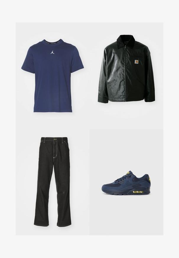 Svart zip-up jakke laget av jevnt, blankt materiale. Har en kordfløyelskrage, to frontlommer og en liten logo-lapp på brystet.; Mørkeblå bomulls t-skjorte med korte ermer, rund hals og en hvit Jumpman-logo brodert på midten av forsiden. Myk tekstur.; Svarte denimbukser med løs passform, med kontrastfylt hvit søm, knappelukking og rett ben-design.; Marineblå Nike Air Max sneakers med overdel i ruskind og mesh, med gule detaljer, snørebånd fortil og synlig luftdæmpning i sålen.